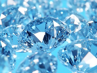 Beautiful shining diamonds are scattered against a soft blue background