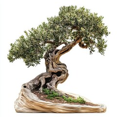 Fototapeta premium Ancient Olive Tree Bonsai with Exquisite Curved Trunk and Lush Green Foliage Displaying Nature's Beauty and Serenity on White Background