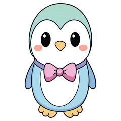 Cute Cartoon Penguin, Standing Upright, Pastel Colors, Pink Bow Tie, White Background