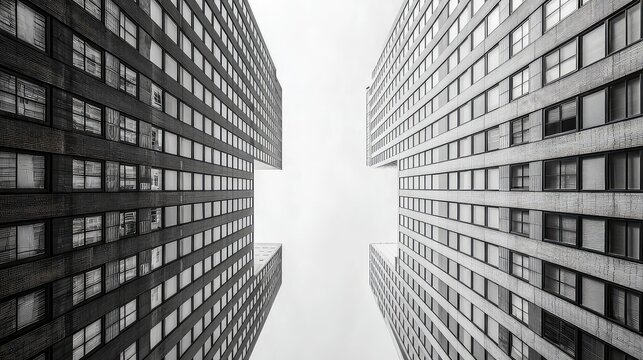 City skyscrapers converging, cloudy sky, urban architecture, low angle view, ideal for design