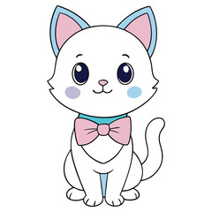 Cute Cartoon White Cat with Pink Bow Tie Isolated on White Background,