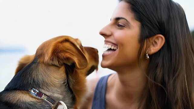 A close-up of a young girl laughing joyfully as her dog lovingly licks her face.