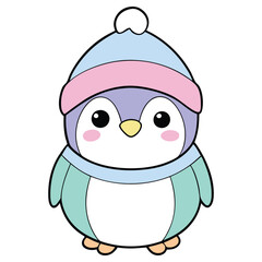 Cute Penguin Cartoon Character Wearing Winter Hat And Scarf Isolated