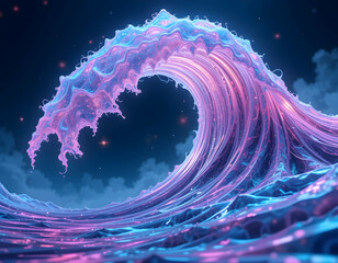 Surreal Wave with Pink and Blue Light Flowing in Night