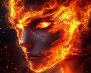 Fototapeta premium A portrait of a womans face enveloped in intense flames