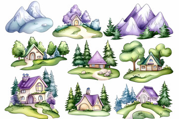 Naklejka premium Cute Homes in Mountain Landscapes