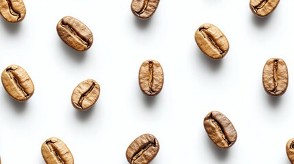 Roasted coffee beans scattered on clean white surface, casting soft shadows