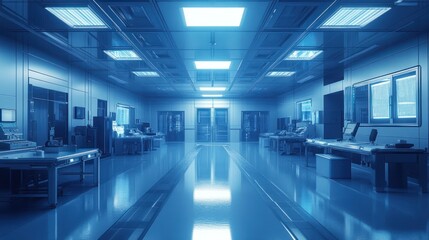 Fototapeta premium Cleanroom corridor, futuristic tech lab, data screens, night, research