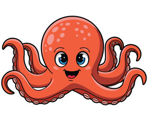 Cute octopus sea life. Adorable marine creature surrounded by doodle style ocean objects. Vector cartoon illustration isolated on white background.