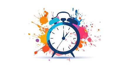 A digital image showing an alarm clock and colorful paint splashes
