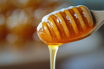 Golden Honey Dripping From Wooden Spoon Close Up