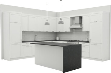 Modern White Kitchen Island with Dark Countertops and Stylish Pendant Lights