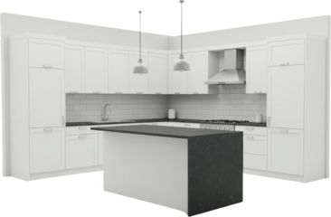 Modern White Kitchen Island with Dark Countertops and Stylish Pendant Lights