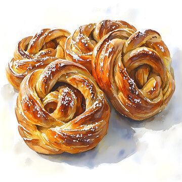 Golden twisted pastries dusted with powdered sugar arranged on a white surface watercolor style.