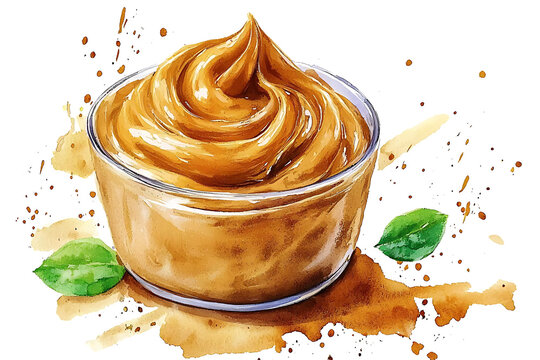 Watercolor illustration of a glass bowl filled with caramel cream and garnished with green leaves with paint splatter accents.