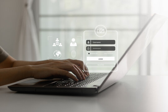 cyber security concept. User login to a password banking account on the internet network by computer laptop. Privacy data protection from hacker crime technology. Online protect business information.