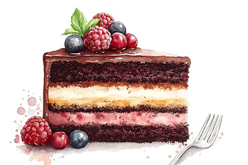 Watercolor slice of layered cake topped with mixed berries and mint beside a fork.