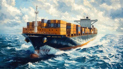 Container ship sailing ocean, cloudy sky, global trade, cargo transport