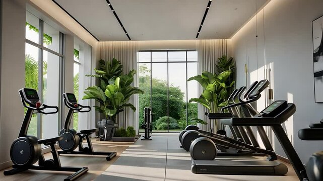Modern home gym with treadmills and exercise bikes near large windows and lush indoor plants in bright room

