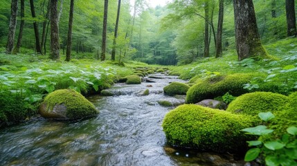 Fototapeta premium Clear stream flowing over mossy stones in a lush green forest during daytime.
