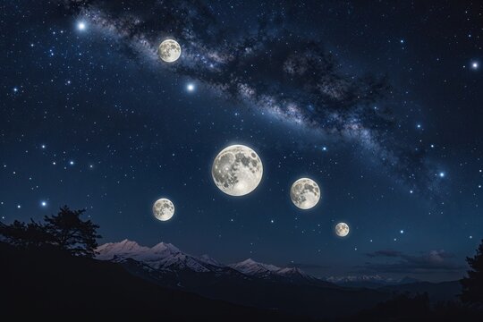 Celestial Night: Shimmering Silver Moons in a Dark Universe Backdrop