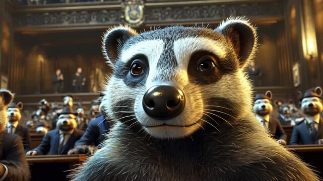 Animated raccoon in parliamentary setting; political satire; whimsical illustration; possible use children's book cover or promotional material