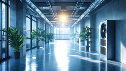Sunlit modern office hallway, HVAC unit, city view, plants