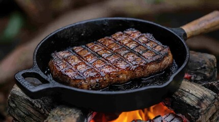 Grilled steak in cast iron pan over campfire