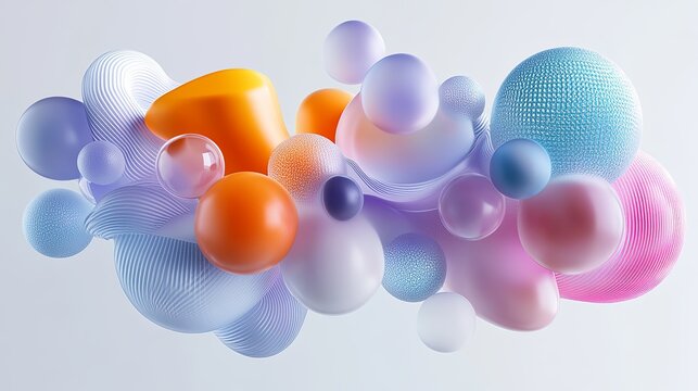abstract spheres shapes floating 3d render bright colors soft gradients matte texture white background clean