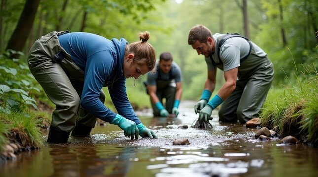 Researchers collecting water samples in forest stream for environmental study