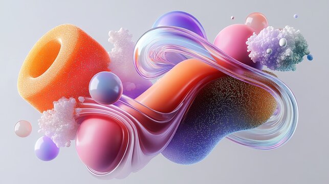 abstract colorful organic shapes fluid forms 3d render realistic textures bubbles lines swirls background