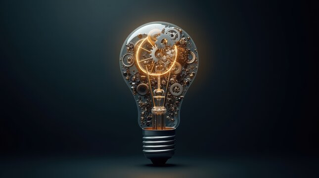 Intricate steampunk light bulb with gears and glow on dark background