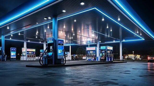 Modern gas station at night with illuminated pumps and vibrant blue lighting, bustling background