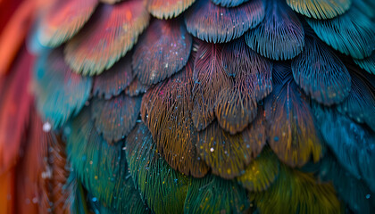 Vibrant plumage close up showcasing the intricate detail and iridescent colors of exotic bird feathers