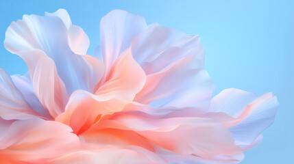 Soft, flowing petals in shades of pastel pink and blue create an elegant floral display against a clear blue sky, highlighting the beauty of nature's art