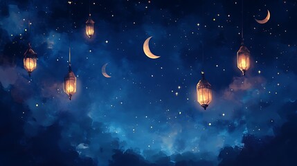 Fototapeta premium Night Sky Lanterns, Starry Clouds, Festive Setting, Image for Ramadan, Background, Print, Social Media