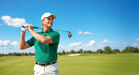 Middle aged professional golfer posing in a golf course while smiling