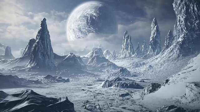 Frozen alien planet landscape, vast icy mountains, moon in sky, sci-fi background, space exploration poster