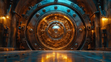 Obraz premium Massive vault door in dark futuristic tunnel