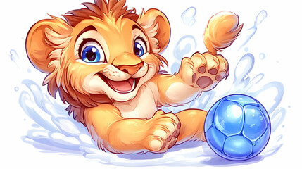 Fototapeta premium Cute lion cub playing with ball