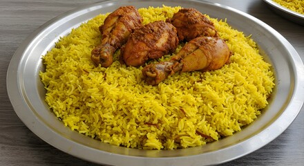 Delicious Chicken and Rice Dish, Middle Eastern Mandi, Overhead View
