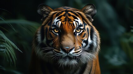 Fototapeta premium Tiger staring directly in jungle with intense gaze