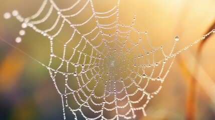 A close up image of a dew covered spider web