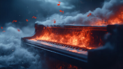 A striking grand piano is surrounded by swirling clouds as it burns fiercely, with musical notes drifting through the air, creating a surreal atmosphere