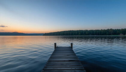 Obraz premium Serene Sunset Lake Retreat Tranquil Wooden Dock Escape to Nature Peaceful Waters Scenic Landscape Dusk Horizon Idyllic Getaway