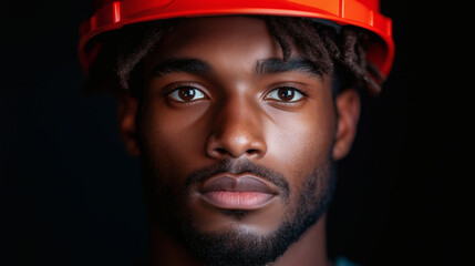 Fototapeta premium A young man with a serious expression wears a bright orange safety helmet, highlighting his readiness for work. The dark background emphasizes his focused gaze