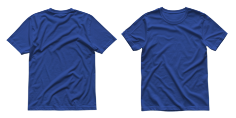 blank front and back blue t shirt isolated on transparent background, short sleeve round neck tee mockup PNG, generative ai