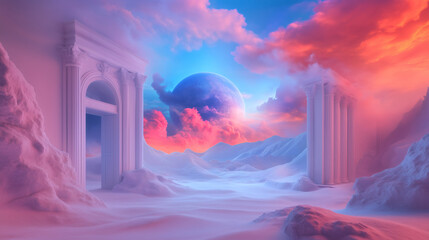 A serene landscape features classical arches surrounded by soft pastel clouds and a vibrant sunset, creating an otherworldly atmosphere with distant mountains