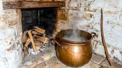 Copper pot steaming over fireplace, rustic kitchen, wood burning, historical setting; cooking scene