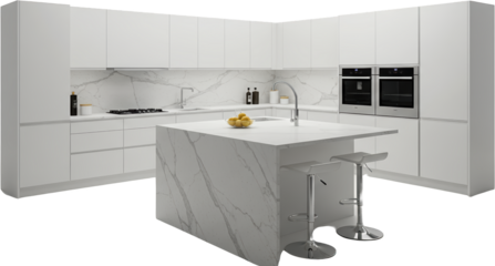 Modern White Kitchen Design with Marble Island and Stainless Steel Appliances